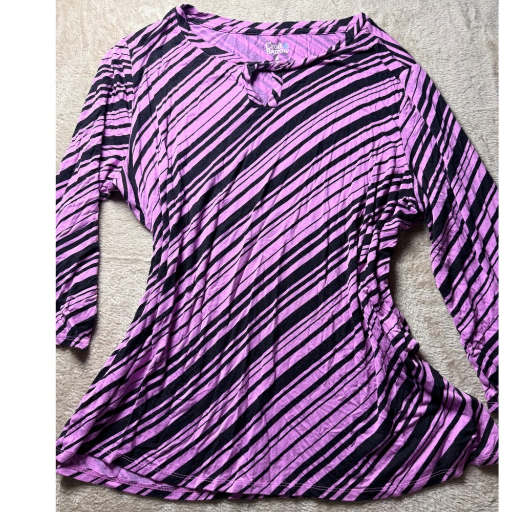 Croft & Barrow Purple Black Diagonal Stripe Keyhole‎ Long Sleeve Top XXL y2K